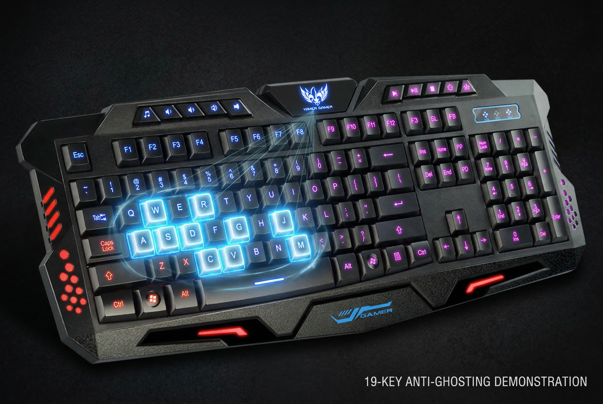 Clawdot M200 Mechanical Gaming Keyboard | Tri-Color Backlight (Red/Blue/Purple) | 19-Key Anti-Ghosting | Full-Size Layout